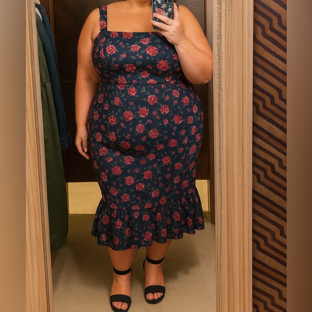 ARULA Navy Floral Midi Dress with Red Roses